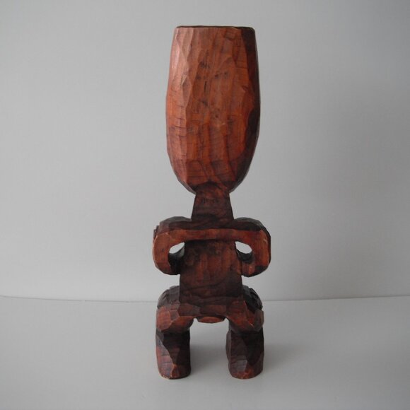 Vintage New Zealand Maori 11" Hand Carved Wood Teko Tiki Totem Statue Shell Eyes - Picture 5 of 9